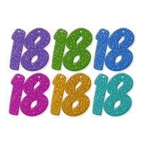Numero 18 in gomma eva con glitter in colori assortiti - 6 unità