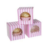 Scatola 1 cupcake strisce bianche e rosa - 9 x 9 x 9 cm - House of Marie - 3 unità