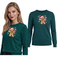 Maglione natalizio da donna con omino di pan di zenzero e glitter