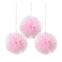 Ciondolo pompon in tulle rosa - 3 pz.