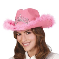 Cappello da cowgirl rosa con piume e corona d'argento