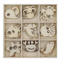 Figure in legno fustellate di animali marini - 27 pezzi.