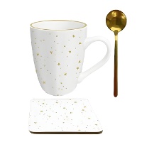 Tazza da 300 ml Stelle dorate con cucchiaio e sottobicchiere