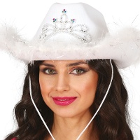 Cappello da cowgirl bianco con piume e corona argentata