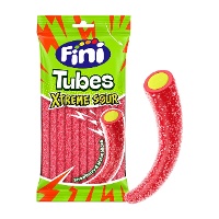 Tubi di liquirizia rossa alla fragola, ripieni al gusto di melone e ricoperti di zucchero acidulo - Fini - 90 g