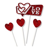 Cake topper d'amore con cuori rossi - 4 pezzi