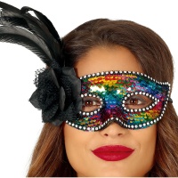 Maschera con paillettes multicolori e fiore nero