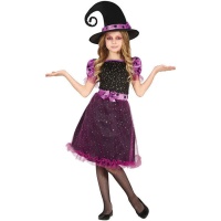 Costume strega lilla con stelle e pois da bambina