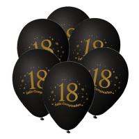 Palloncini in lattice nero con numero 18 Happy Birthday oro 23 cm - 6 pezzi