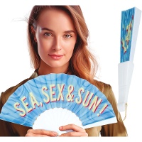 Ventaglio pieghevole con la scritta 'Sea, Sex & Sun!'