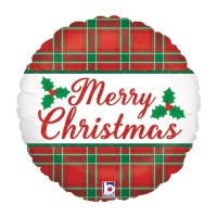 Palloncino rotondo Merry Christmas tartan da 46 cm - Grabo