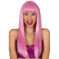Parrucca di capelli lunghi e lisci con frangia rosa e argento