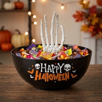 Ciotola Happy Halloween nera con mano scheletrica, 25 cm