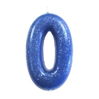 Candela a numero 0 blu con glitter, 6,5 cm