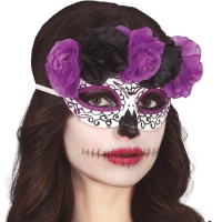 Maschera Catrina con fiori neri e lilla