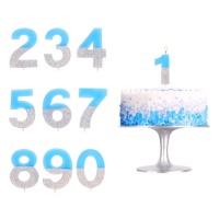 Candelina numero azzurro pastello con brillantini argentati - 7 cm