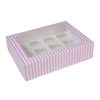 Scatola 12 cupcake a strisce bianche e rosa - 34 x 25,5 x 9 cm - House of Marie - 2 unità