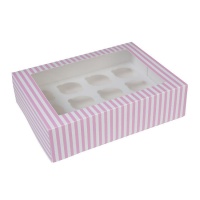 Scatola per cupcake a righe bianche e rosa per 12 cupcake - 34 x 25,5 x 9 cm - House of Marie - 2 unità