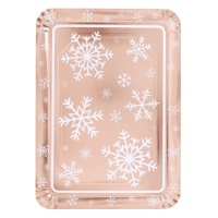 Vassoio rettangolare rosa dorato metallizzato con fiocchi di neve da 25 x 34 cm - 1 unità