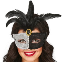 Maschera veneziana in argento e nero con piume