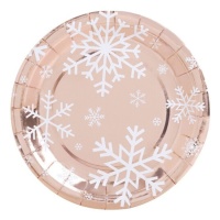 Piatti in oro rosa metallizzato con fiocchi di neve 18 cm - 8 pezzi