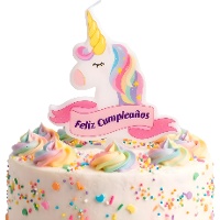 Candela a forma di unicorno «Buon Compleanno» da 10 x 10 cm