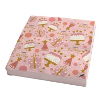 Tovaglioli rosa Happy Birthday con regali 16,5 x 16,5 cm - 20 pezzi.