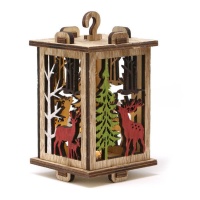 Lanterna natalizia in legno con renne, albero di Natale e luce LED - 15 cm