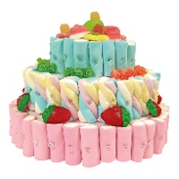 Torta di caramelle gommose azzurre e rosa a tre piani di 595 gr