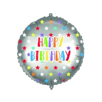 Palloncino rotondo Happy Birthday con stelle multicolori da 46 cm - Procos