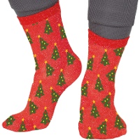 Calzini infantili rossi con alberi di Natale e glitter - 1 paio