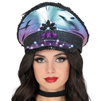 Cappello da poliziotta viola con strass e piume