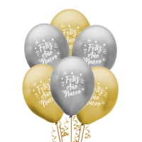 Palloncini Feliz Año Nuevo in lattice oro e argento da 30 cm - Globos Payaso - 25 unità