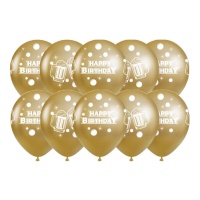 Palloncini dorati di buon compleanno con birra 30 cm - 10 unità
