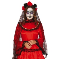 Cerchietto Catrina con velo e fiori rossi e neri