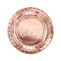 Piatti Happy Birthday oro rosa da 18 cm - 6 unità