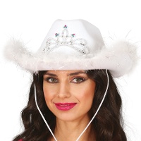 Cappello da cowgirl bianco con piume e corona argentata