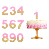 Candelina numero rosa pastello con brillantini dorati - 7 cm