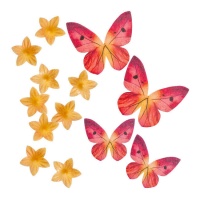 Mini wafer con fiori e farfalle arancioni e rossi - 13 unità