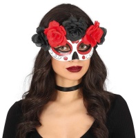 Maschera Catrina con fiori rossi e neri