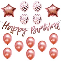 Kit palloncini Happy Birthday rosa dorato - Monkey Business - 17 unità