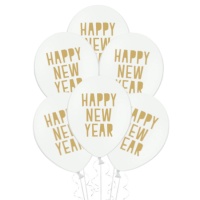 Palloncini lattice bianchi Happy New Year dorato 30 cm - PartyDeco - 50 unità