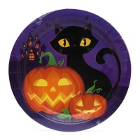 Piatto con zucca e gatto di Halloween 22 cm - 6 unità