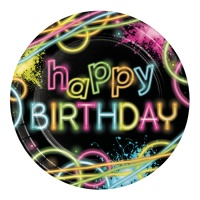 Piatti Disco Neon Happy Birthday da 22 cm - 8 unità