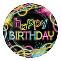 Piatti Disco Neon Happy Birthday 22 cm - 8 pz.