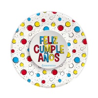 Piatti di Buon Compleanno con pois colorati 18 cm - 8 pz.