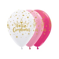 Palloncino in lattice opaco bianco, rosa e fucsia Feliz Cumple con corona di 30 cm - Sempertex - 12 unità
