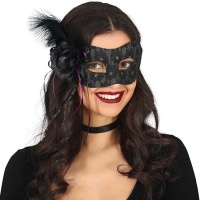 Maschera nera stampata con fiore e piuma
