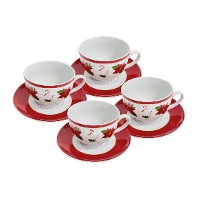 Tazze da 220 ml di Natale con motivo poinsettia e piattino - 4 pezzi