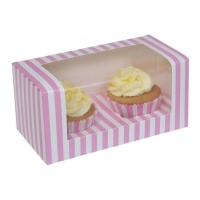 Scatola per 2 cupcake a righe bianche e rosa 18,5 x 9,5 x 9 cm - House of Marie - 2 unità